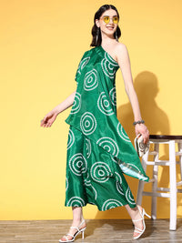 Thumbnail for InWeave Women's Green Bandhani Motif One Shoulder Palazzo Set - Distacart