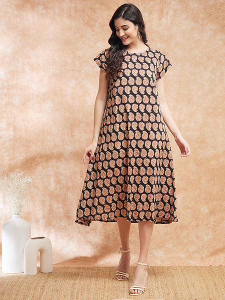 InWeave Women's Black Small Paisley Kalamkari A Line Dress - Distacart
