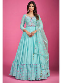 Thumbnail for Myra Blue Chinon Silk Embroidered Gown - Distacart