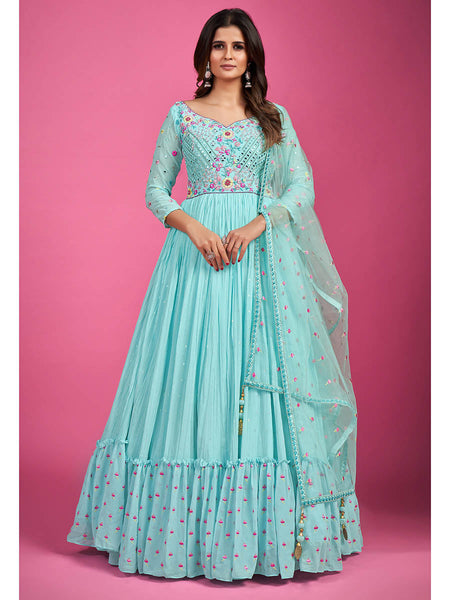 Myra Blue Chinon Silk Embroidered Gown - Distacart