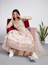 Thumbnail for House of Panchhi Cream Colour Organza Floral Design Digital Print Lehenga Choli & Dupatta - Distacart
