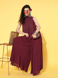 Thumbnail for InWeave Women's Maroon Lurex Top With Flared Palazzo - Distacart