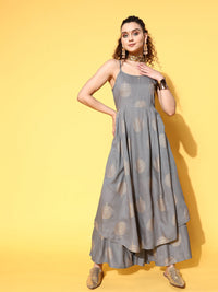 Thumbnail for InWeave Women's Grey Gold Strappy Kurta Set - Distacart