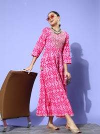 Thumbnail for InWeave Women's Abstract Pink Print Long Dress With Work - Distacart
