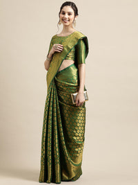 Thumbnail for Saree Mall Green & Gold-Toned Woven Design Zari Silk Blend Banarasi Saree - Distacart