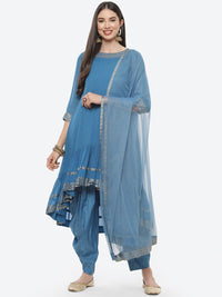 Thumbnail for Biba Women Blue & Gold-Coloured Pleated Thread Work Kurta with Dhoti Pants & Dupatta - Distacart