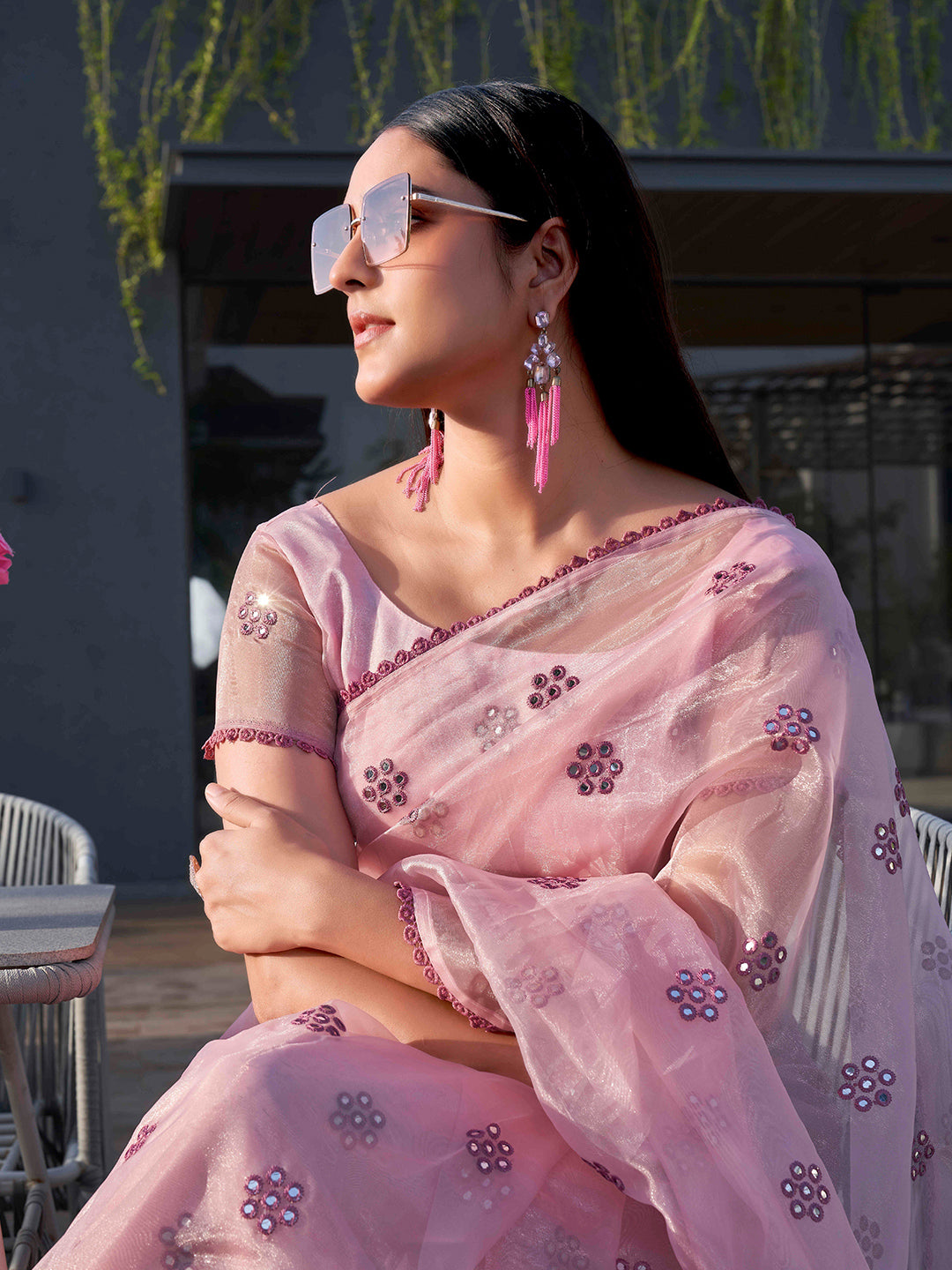 Tikhi Imli Floral Mirror Work Organza Saree - Distacart