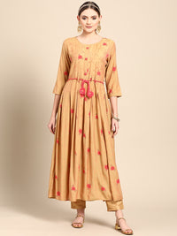 Thumbnail for Sangria Women Mustard Yellow & Pink Ethnic Motifs Embroidered Mirror Work Anarkali Kurta - Distacart