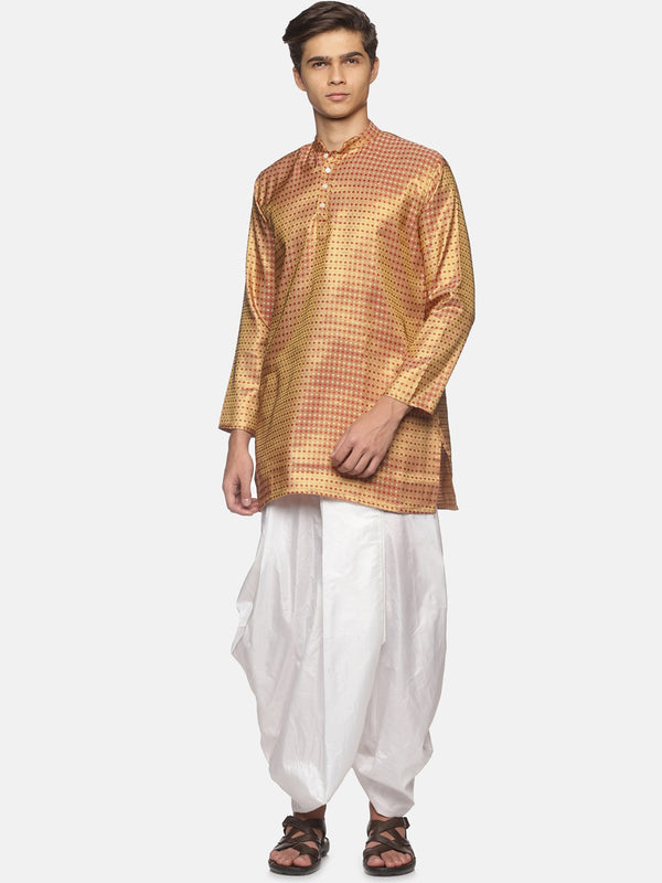 Sethukrishna Men Art Silk Golden & Red Kurta with Dhoti Pants - Distacart