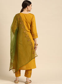 Thumbnail for Sangria Women Mustard Yellow & Green Ethnic Motifs Embroidered Cotton Kurta Set - Distacart