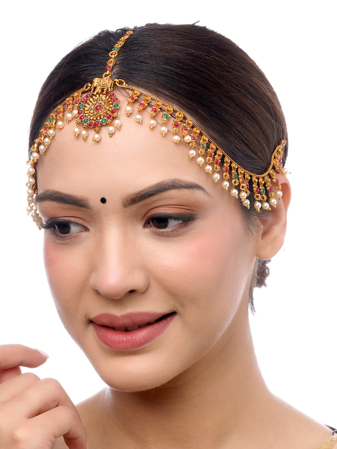 Yellow Chimes Women Gold-Plated, Maroon, Green White Pearl Hanging Bridal Mathapatti - Distacart