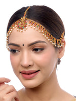 Thumbnail for Yellow Chimes Women Gold-Plated, Maroon, Green White Pearl Hanging Bridal Mathapatti - Distacart