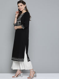 Thumbnail for HERE&NOW Women Black & White Geometric Embroidered Thread Work Kurta - Distacart