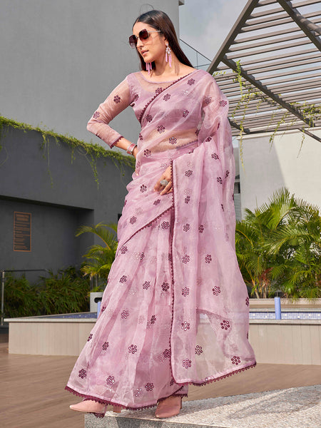 Tikhi Imli Ethnic Motifs Mirror Work Organza Saree - Distacart