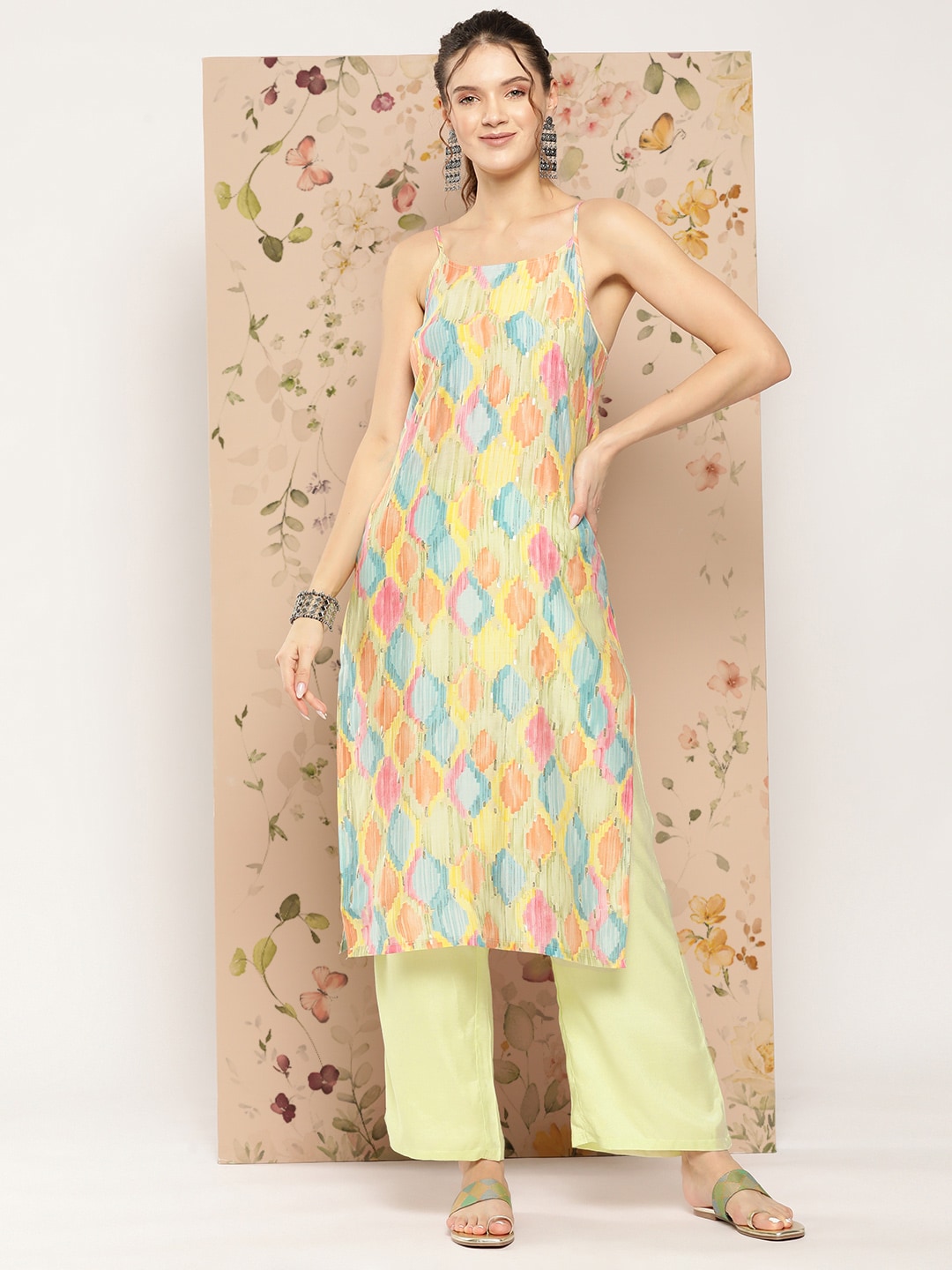 HERE&NOW Abstract Printed Straight Kurta with Solid Palazzos - Distacart
