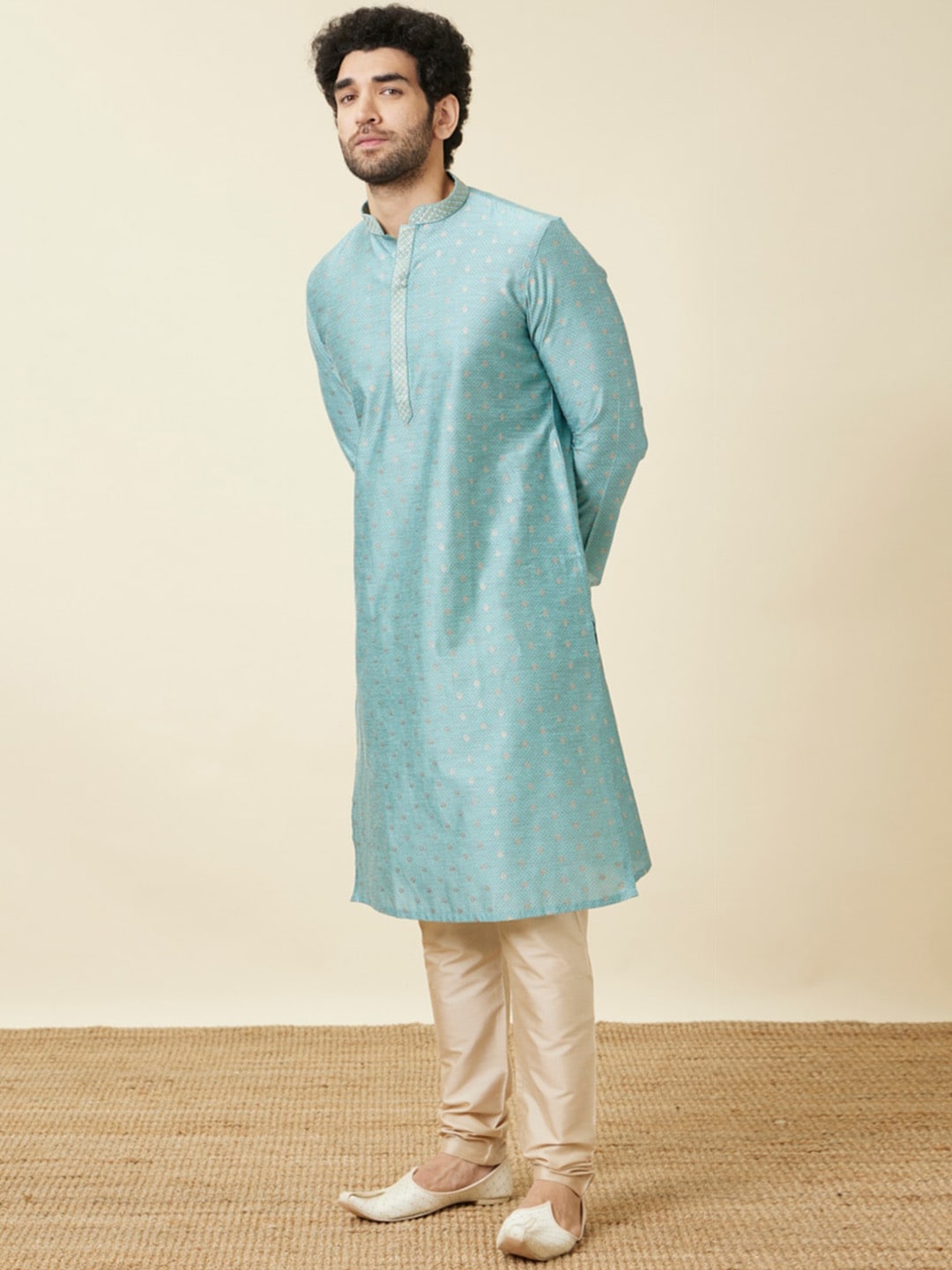 Manyavar Mandarin Collar Woven Design Thread Work Kurta with Pyjamas - Distacart