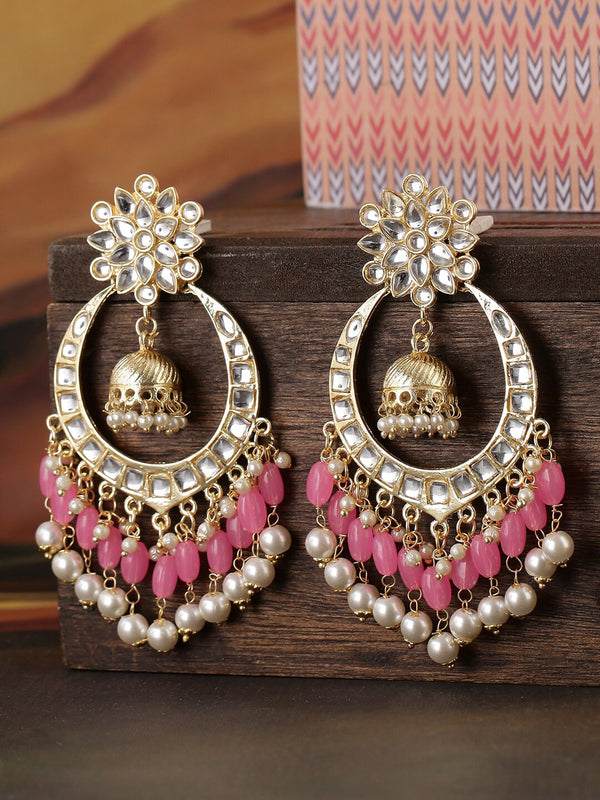 Shoshaa Pink & Gold-Toned Contemporary Kundan Drop Earrings With Pearls - Distacart
