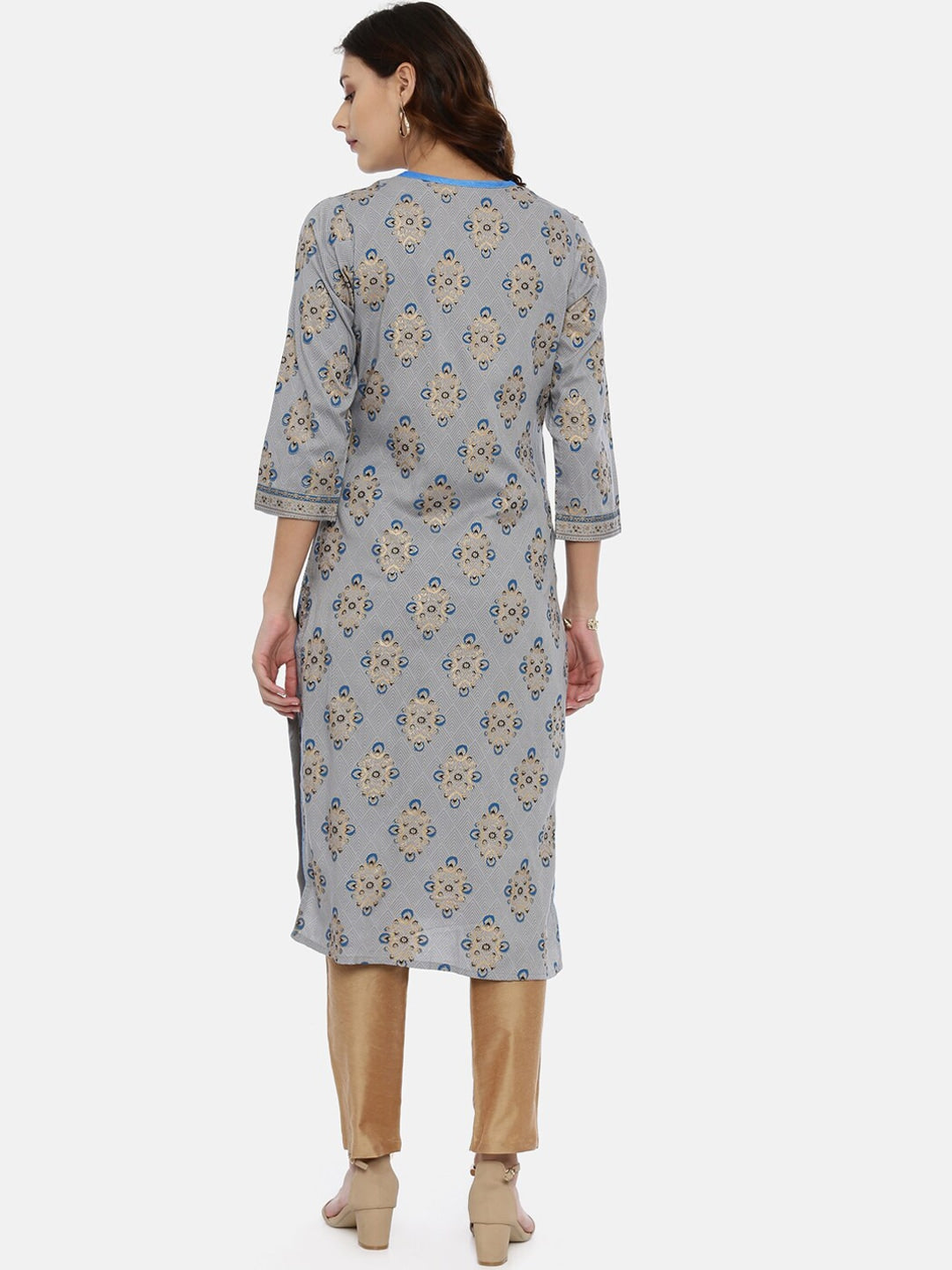 Souchii Grey & Gold Printed Straight Kurta - Distacart