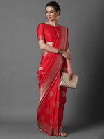 Thumbnail for Mitera Red & Silver-Coloured Ethnic Motifs Zari Woven Design Silk Blend Banarasi Saree - Distacart