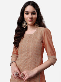 Thumbnail for HERE&NOW Lucknowi Chikankari Schiffli Chanderi Silk Kurta Trousers with Organza Dupatta - Distacart
