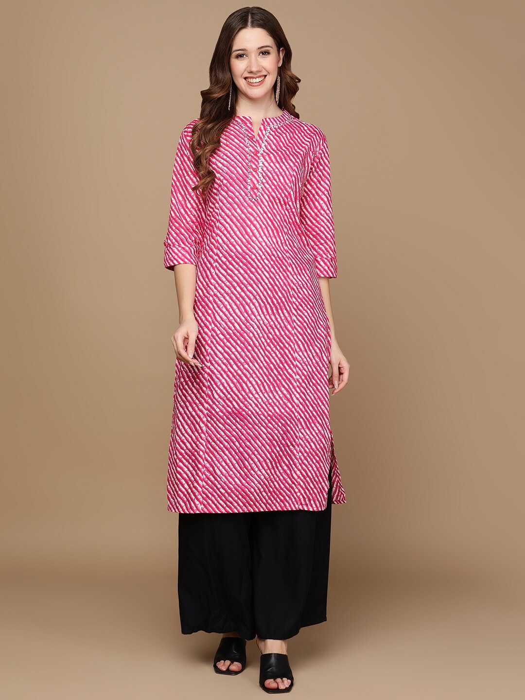 HERE&NOW Pink & White Striped Sequined Straight Cotton Kurta - Distacart