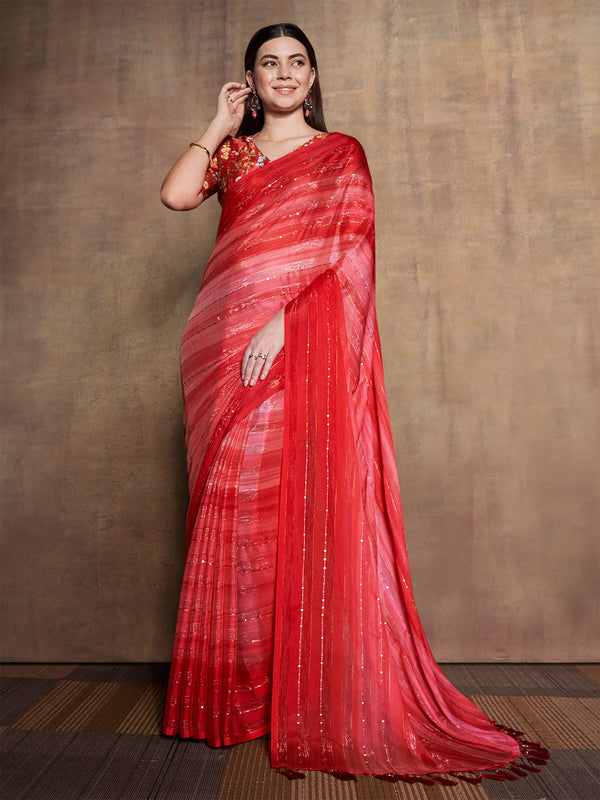 Mitera Red & Peach-Coloured Embellished Sequinned Pure Chiffon Saree - Distacart