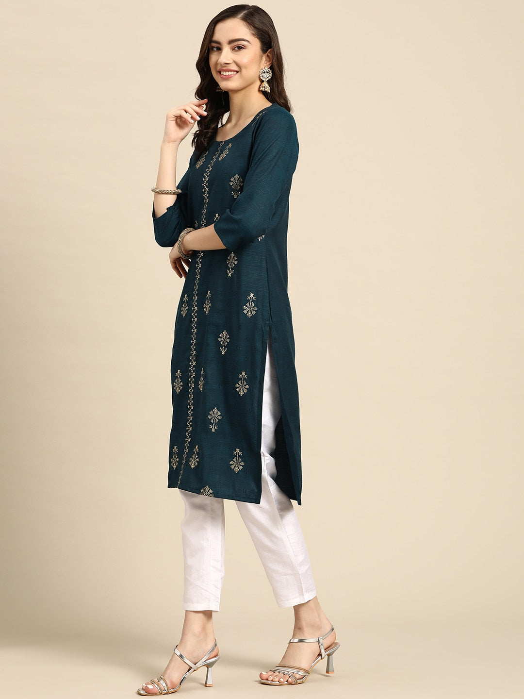 Sangria Teal Blue & Golden Embroidered Regular Kurta - Distacart