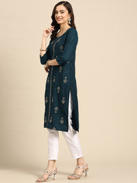 Thumbnail for Sangria Teal Blue & Golden Embroidered Regular Kurta - Distacart