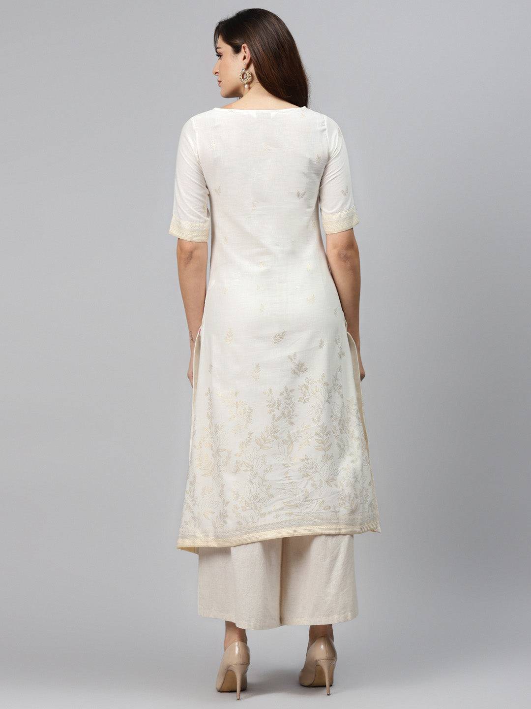 Biba Women Off-White & Golden Printed Pure Cotton Straight Kurta - Distacart