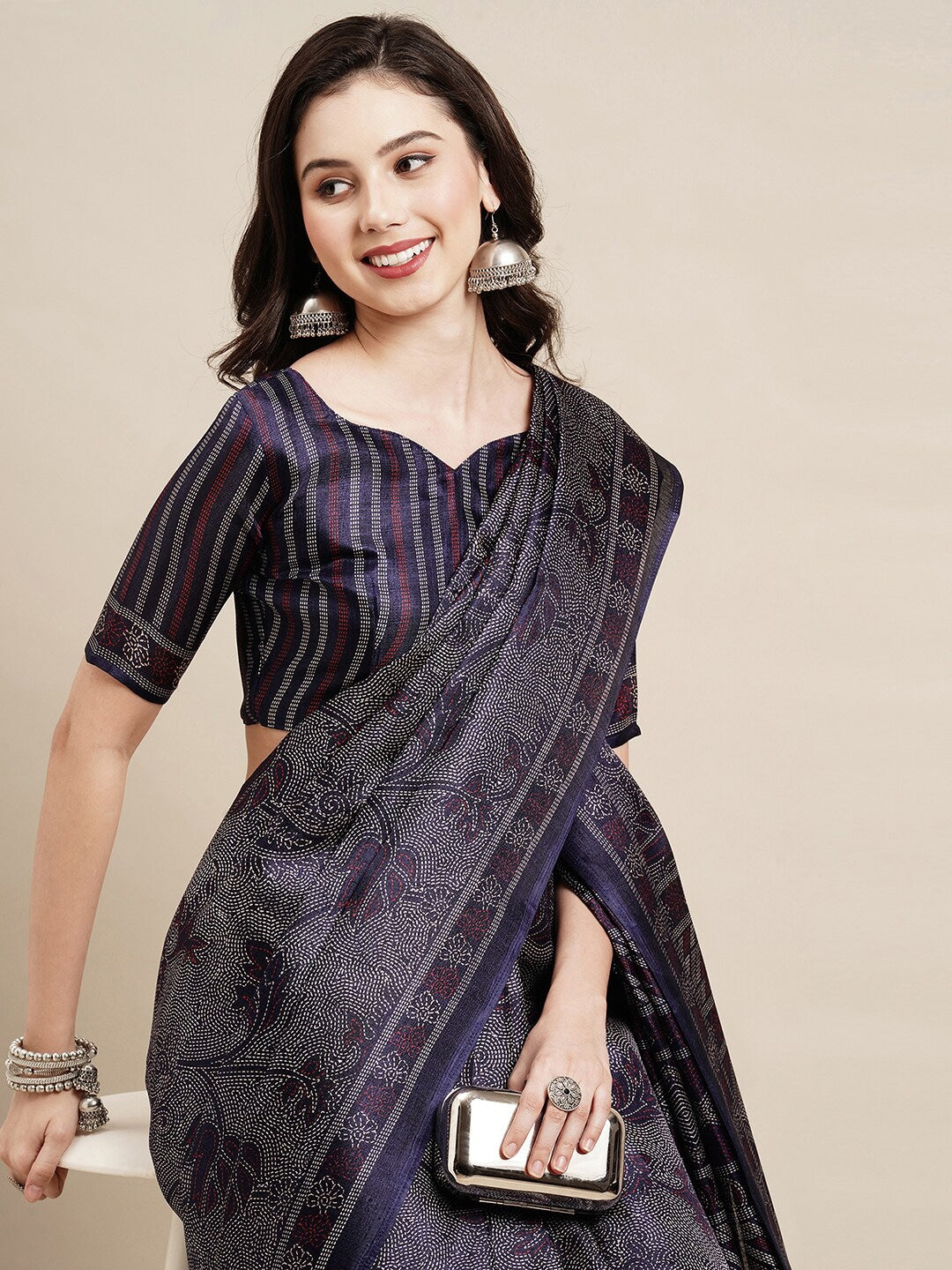 Saree Mall Navy Blue & Grey Floral Art Silk Bhagalpuri Sarees - Distacart