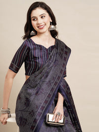 Thumbnail for Saree Mall Navy Blue & Grey Floral Art Silk Bhagalpuri Sarees - Distacart