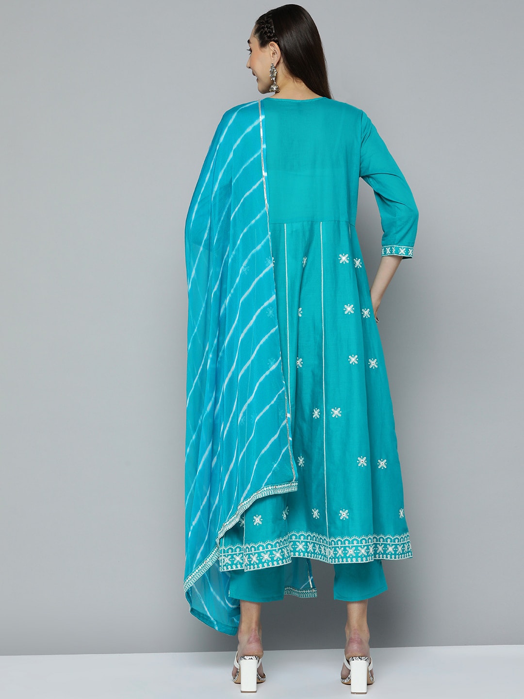HERE&NOW Women Blue Ethnic Motifs Embroidered Thread Work Kurta with Trousers & With Dupatta - Distacart