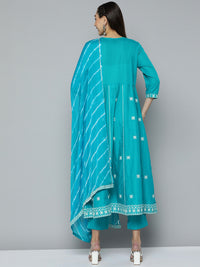 Thumbnail for HERE&NOW Women Blue Ethnic Motifs Embroidered Thread Work Kurta with Trousers & With Dupatta - Distacart