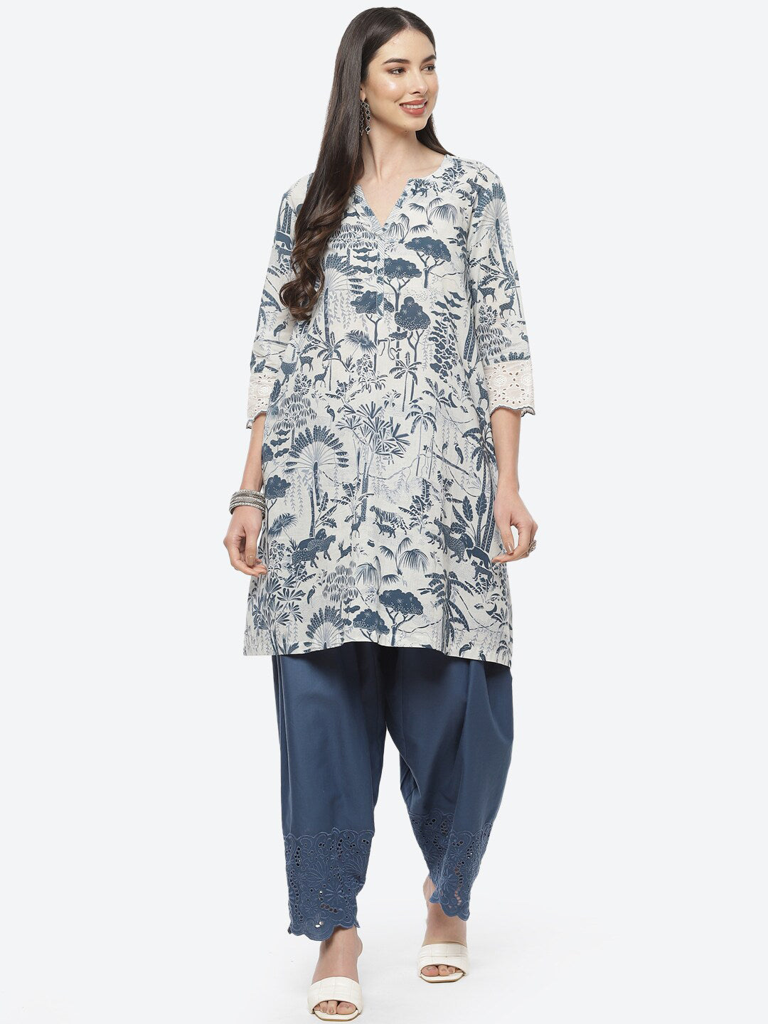Biba Women White Floral Printed Pure Cotton Kurta with Salwar - Distacart