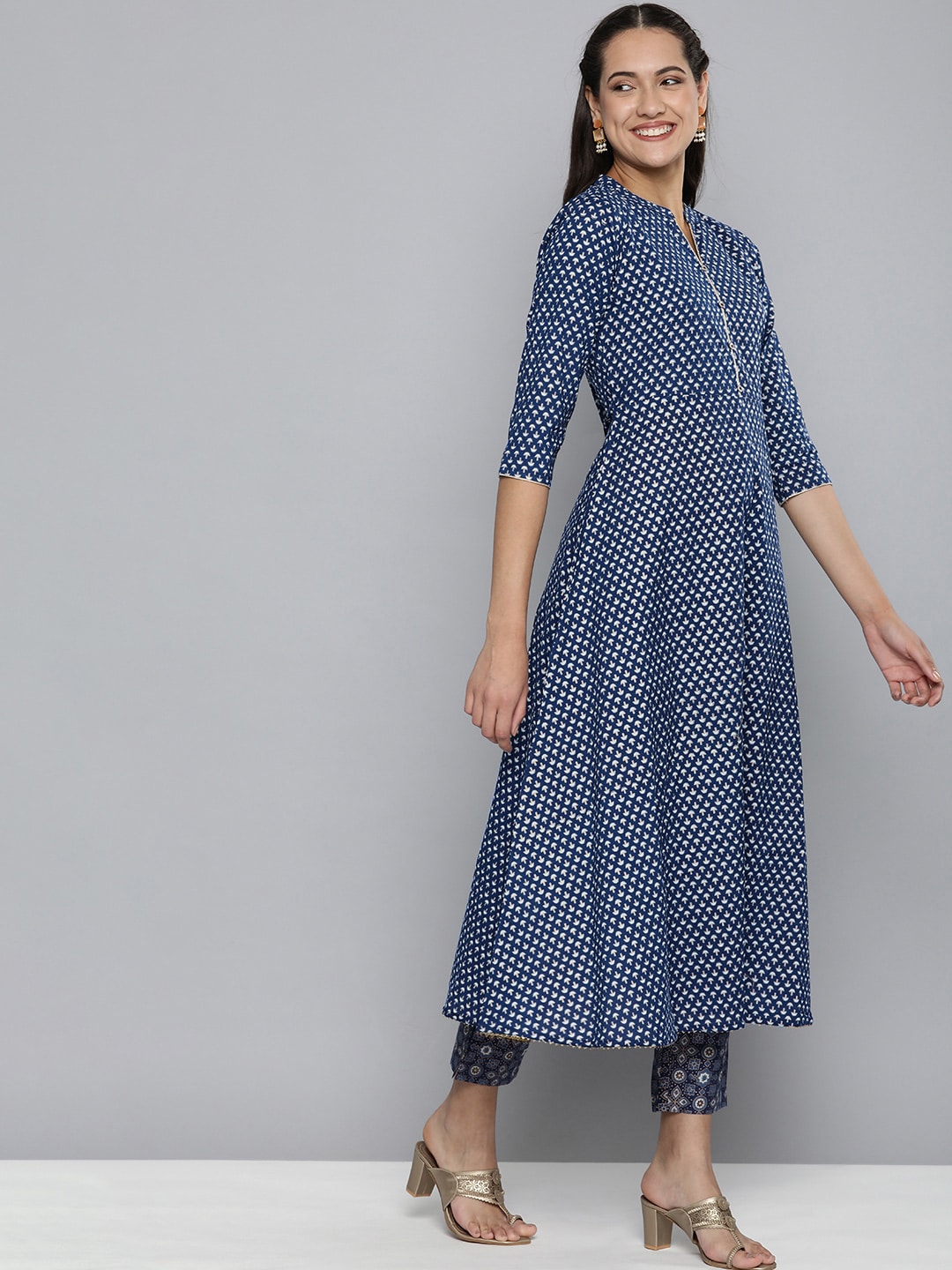 HERE&NOW Women Navy Blue Ethnic Motifs Printed Pure Cotton Kurta with Trousers & With Dupatta - Distacart