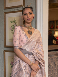 Thumbnail for Mitera Peach-Coloured & Grey Ethnic Motifs Zari Banarasi Saree - Distacart