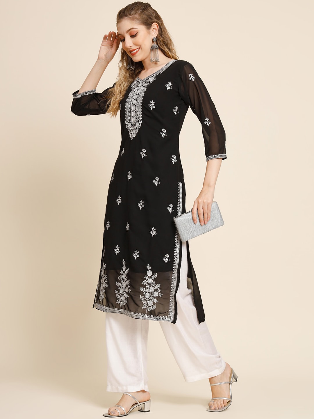 HERE&NOW Ethnic Motifs Embroidered Sequined Georgette Kurta - Distacart