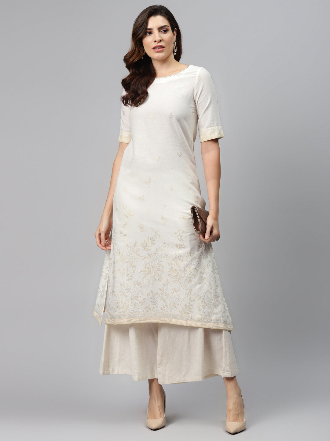 Biba Women Off-White & Golden Printed Pure Cotton Straight Kurta - Distacart