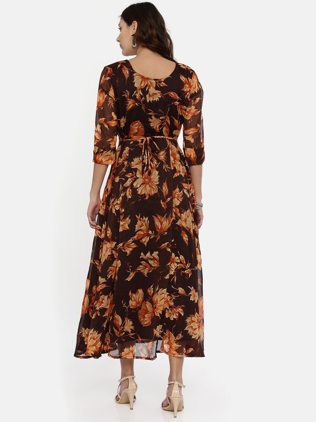 Souchii Brown & Orange Floral Printed Chiffon Maxi Dress - Distacart