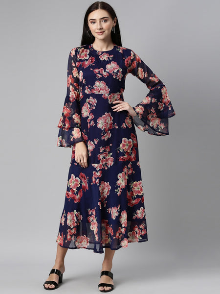 Souchii Navy Blue Floral Chiffon Midi Dress - Distacart