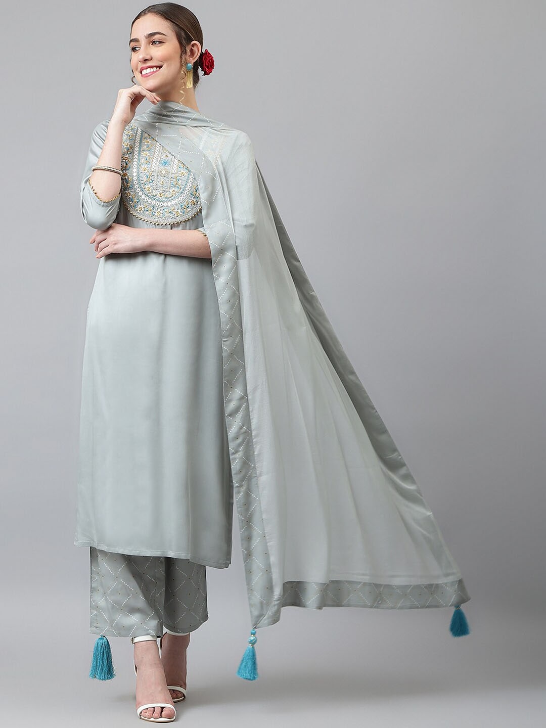 Khushal K Floral Yoke Design Sequined Kurta with Palazzos & Dupatta - Distacart