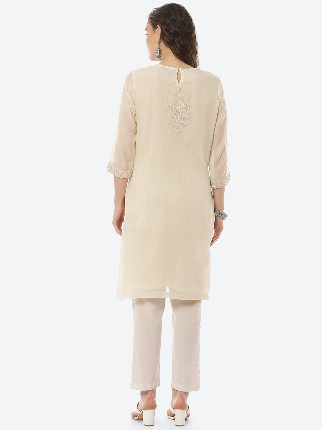 Biba Women Beige Ethnic Motifs Embroidered Mirror Work Floral Kurta - Distacart