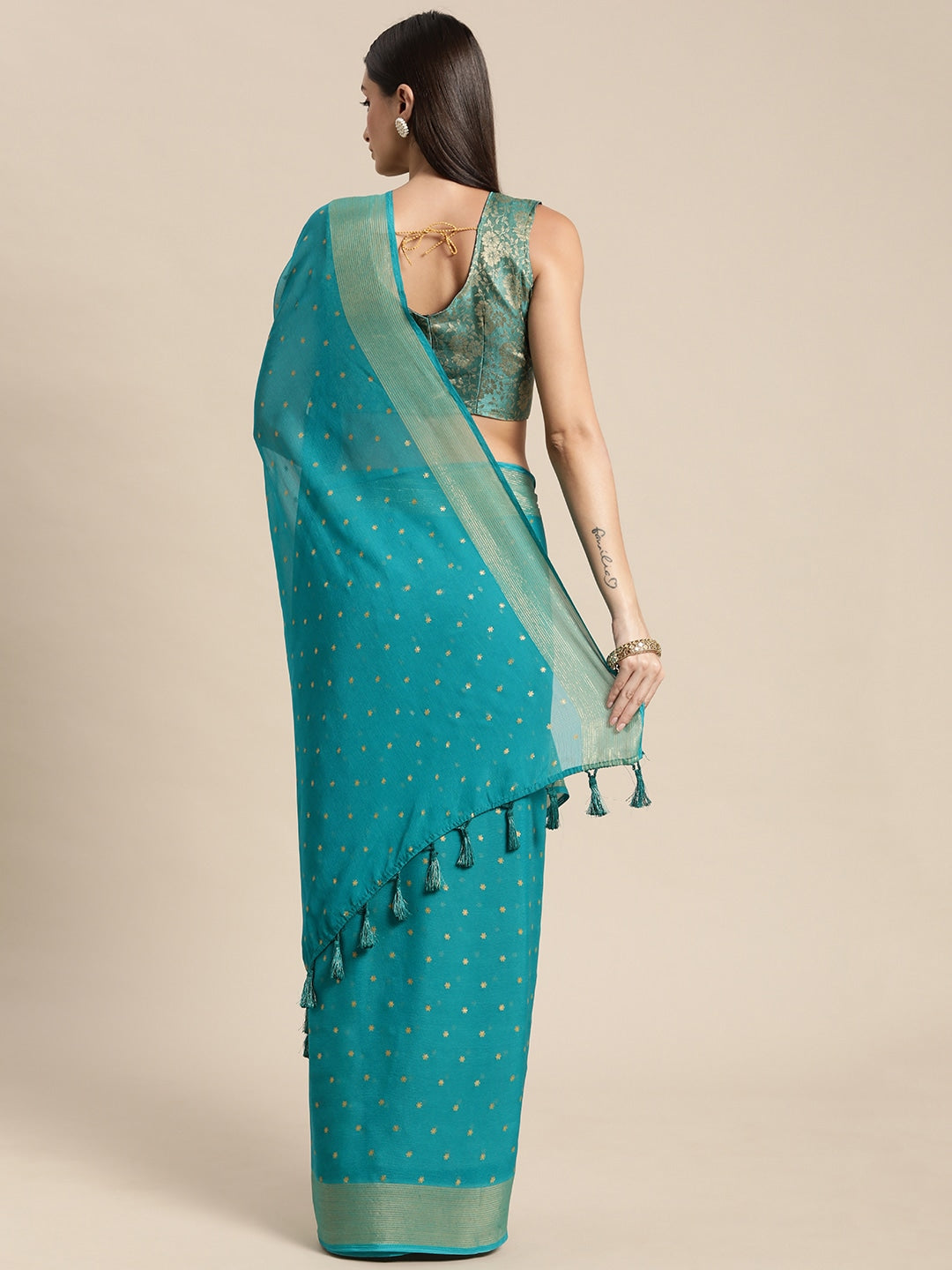 Mitera Blue & Gold-Toned Floral Zari Pure Chiffon Saree - Distacart