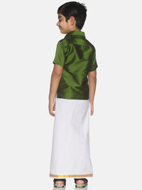 Thumbnail for Sethukrishna Olive Green & White Solid Shirt and Veshti For Boys - Distacart