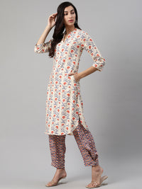 Thumbnail for Biba Women Cream-Coloured & Orange Printed Kurta with Trousers - Distacart