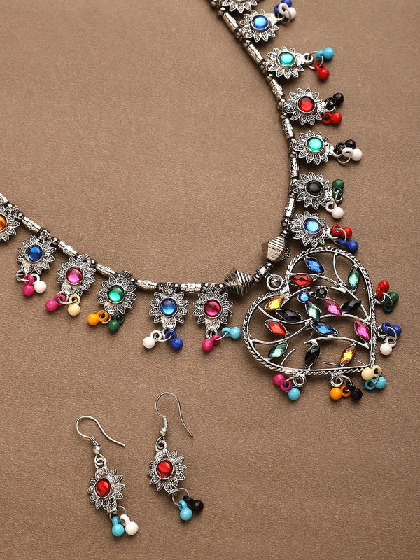 Cardinal Multi-Colored Heart Oxidised Long Jewellery Set - Distacart