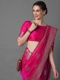 Thumbnail for Mitera Pink & Silver-Toned Paisley Zari Silk Blend Banarasi Saree - Distacart