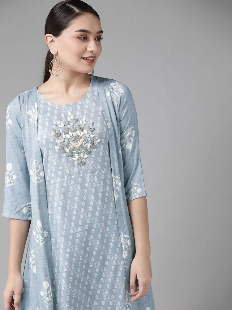 Yufta Women Blue & White Floral Printed Ethnic A-Line Midi Dress with Jacket
