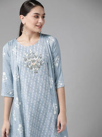 Thumbnail for Yufta Women Blue & White Floral Printed Ethnic A-Line Midi Dress with Jacket