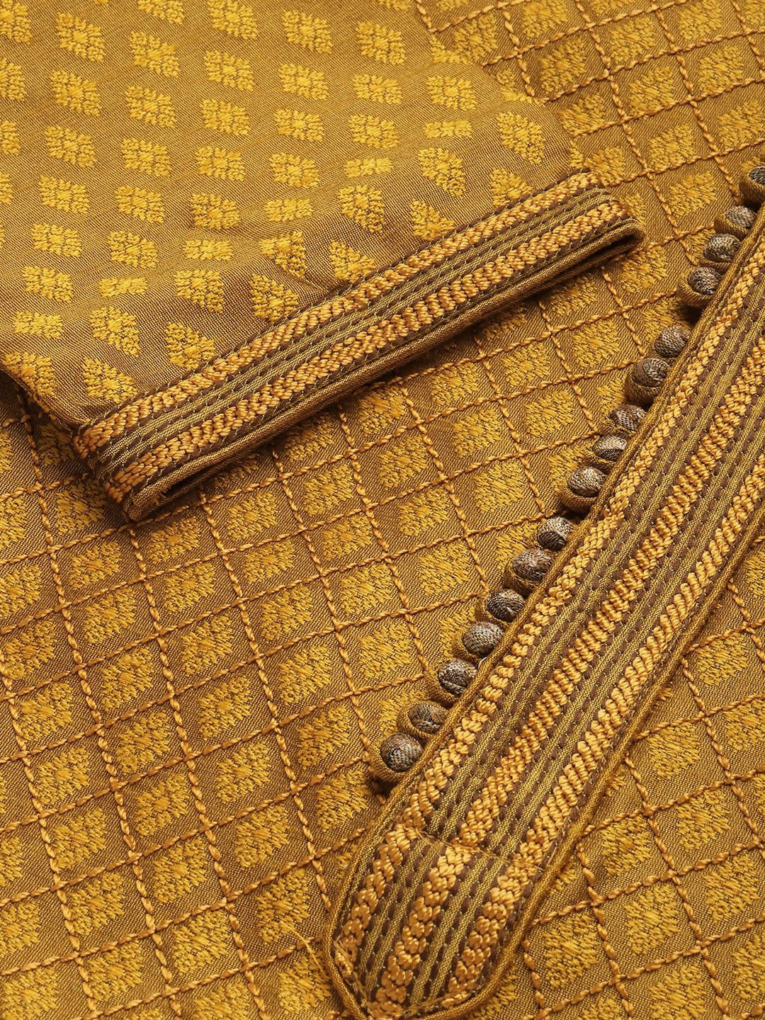 Manyavar Men Mustard Yellow Ethnic Motifs Woven Design Kurta with Churidar - Distacart